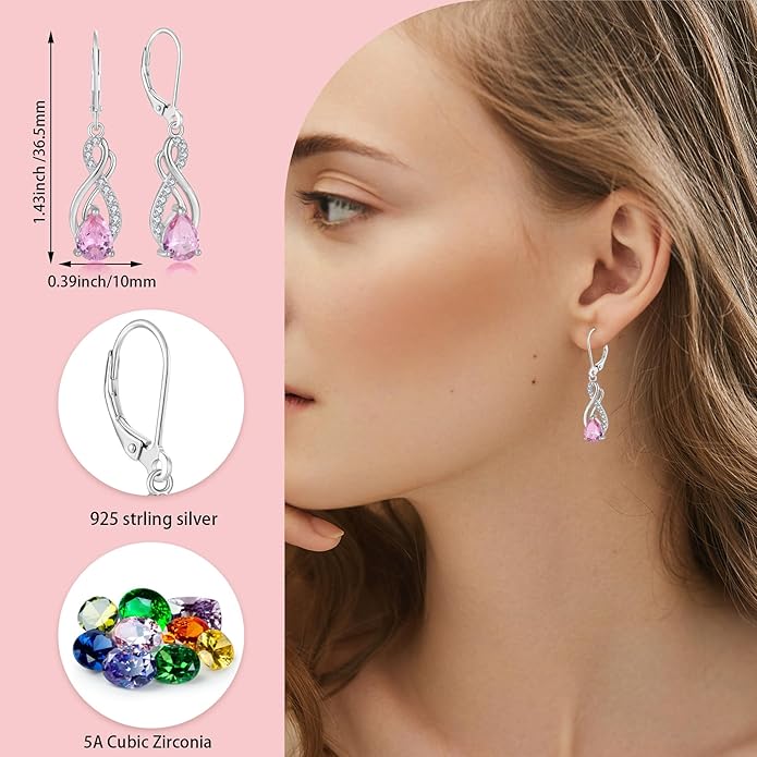 Infinity Love Birthstone Earrings for Women 925 Strling Silver 5A Cubic Zirconia Dangle Drop Leveback Earrings Jewelry Birthday Christmas Day Gifts for Her
