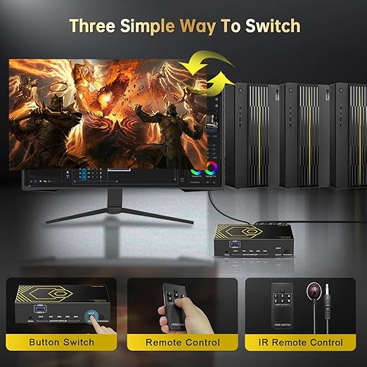 4K@60Hz HDMI KVM Switch USB3.0 4 Computers 1 Monitors HDMI 4 Port KVM Switches for 4 PC Share 1 Monitor and 4 USB 3.0 Devices SPDIF L/R Mic Audio with IR Remote Control and 4xUSB 3.0 Cables