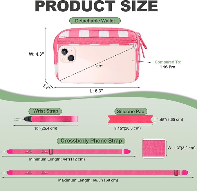 Clip and Go Strap for Phone with Wallet Crossbody, Adjustable Phone Lanyard with Detachable RFID Wristlet Wallet, Phone Strap with Phone Tabs for All Phones, Pink Checkered (M)