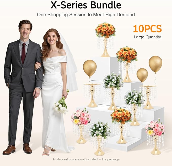 Wedding Centerpieces Gold Vases,10PCS Metal Flower Candle Holder with Sparkling Crystal Beads,Crystal Flower Vase Metal Flowers Stand for Party Tables Decorations (10PCS-Gold-13cm)