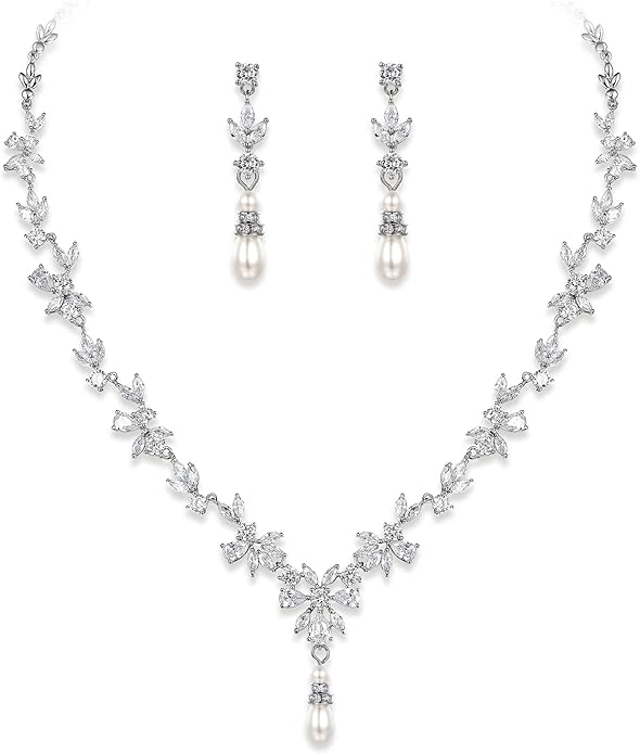 Crysdue Wedding Jewelry Set for Women, Floral Leaf Vine Teardrop Necklace Dangle Earrings Bracelet and Hair Comb, Cubic Zirconia Elegant Party Prom Jewellery for Bridal Bridesmaid