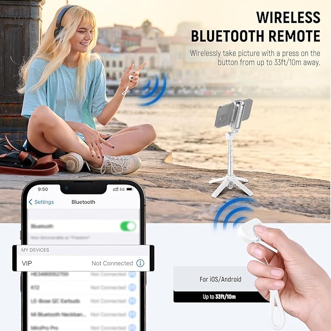NEEWER Selfie Stick with Detachable Bluetooth Remote Shutter, Lightweight Foldable Travel Tripod for iPhone for YouTube/TikTok Vlogs Live Streaming Photography, White, P15