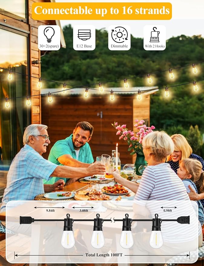 Brightever LED Outdoor String Lights 100FT Patio Lights with 30+2 Shatterproof S14 Dimmable Edison Bulbs, Vintage LED String Lights for Outside, Waterproof Bistro Lights for Party, Birthday, Holiday