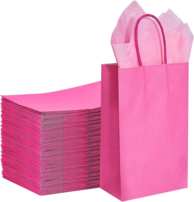 DjinnGlory 100 Pack Small Hot Pink Paper Gift Bags with Handles 9x5.5x3.15 Inch for Small Business, Weddings, Bridal Showers, Themed Birthday Party Goodies Favors