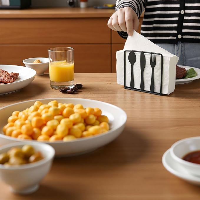 AIM & GGKK Black Napkin Holder for Table - Metal Cutlery Design with Mesh Base, Compact Paper Napkin Holder for Restaurant & Home Dining (4.52" L)