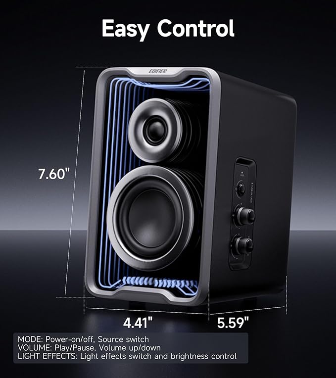 Edifier QR30 2.0 Desktop Active Speaker, Compact Bluetooth V5.4 Computer Speakers, Wireless Bookshelf Speaker, 30W (RMS), 3.5mm AUX & USB-A Wired Input, Dynamic Light Effects, App Control, Black