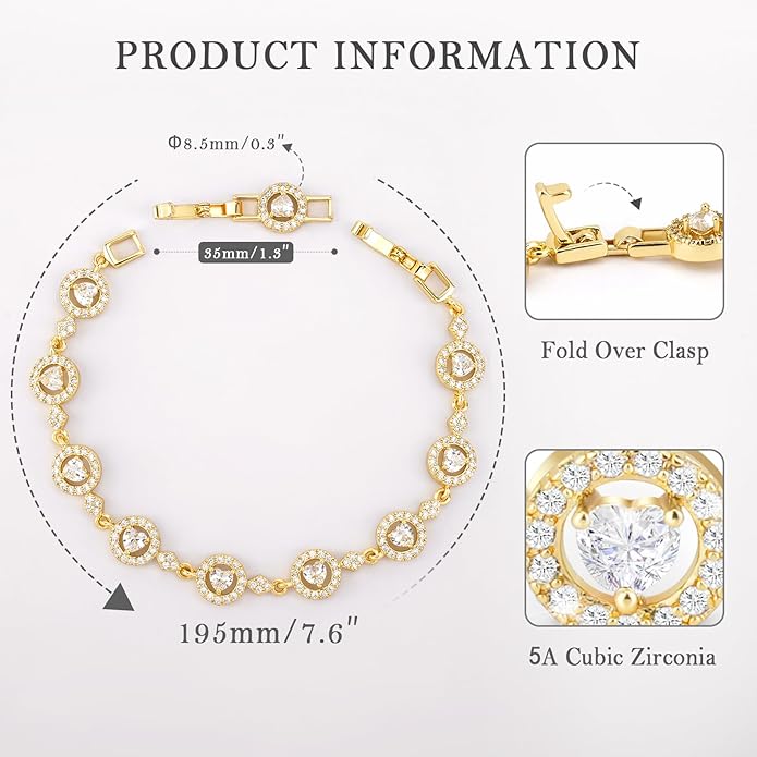 Tennis Bracelet for Women 14K Gold Plated Cubic Zirconia Bracelet,Classic Crystal Tennis Bracelet, Rhinestone Delicate Bracelet Gift for Her