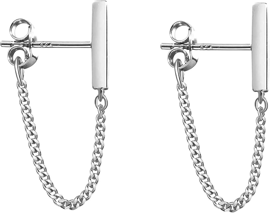 Reffeer Solid 925 Sterling Silver Stud Earrings Minimalist Bar Earrings with Chain Dangle Earrings For Women