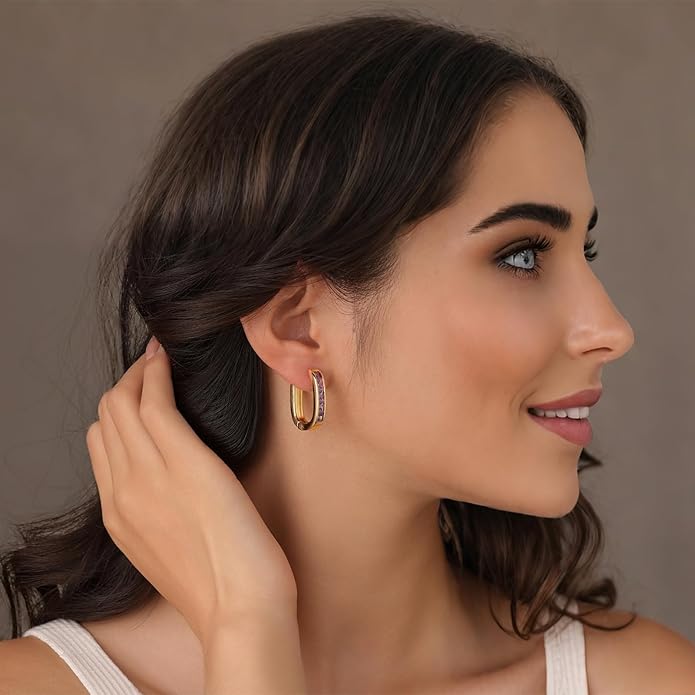 Trendy CZ Gold/Silver Hoop Earrings for Women Square Hypoallergenic chunky gold Hoop Earrings Geometric Minimalist Rectangle Hoops