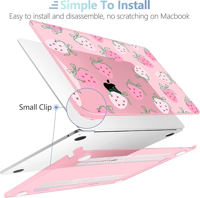 MEEgoodo Case for MacBook Air M4/M3/M2 13.6 inch 2025 2024 2022, Fit Model A3240 A3113 A2681, Compatible with MacBook Air 13 inch, Laptop Hard Shell Case with Keyboard Cover, Strawberry & Bow