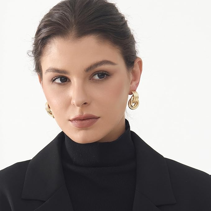 Chunky Knot Link Earrings, Circle Statement Drop Dangle Studs for Women Trendy Jewelry, L