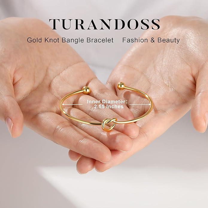 Turandoss Gold Knot Bangle Bracelets for Women - Dainty 18K Gold Plated Cuff Bangle Bracelets for Women Trendy Personalized Open Love Knot Bracelet Adjustable Cuff Bracelet Valentine Gifts for Her