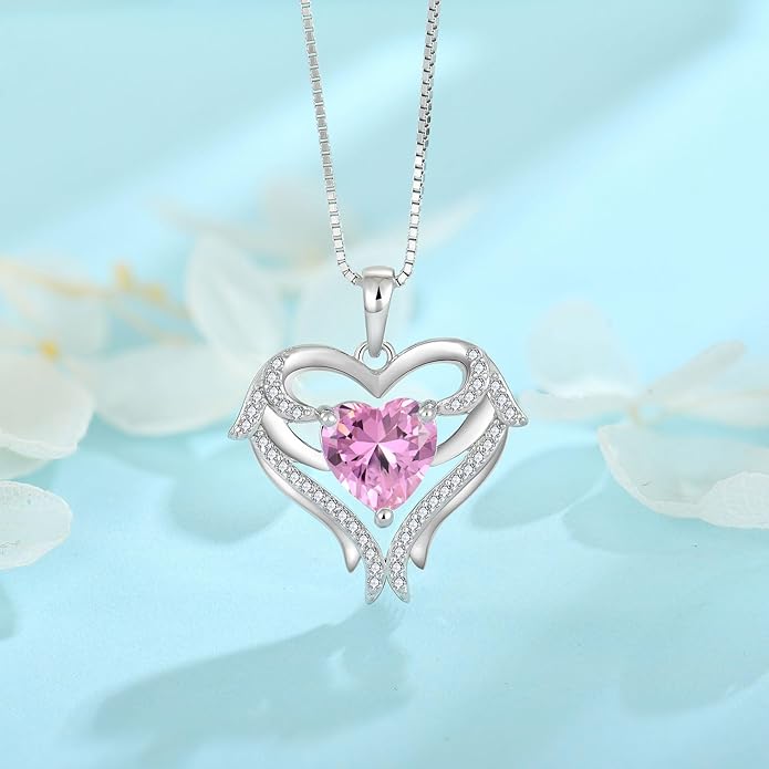 FJ Heart Angel Wings Pendant Necklace 925 Sterling Silver Birthstone Jewelry Gifts for Women