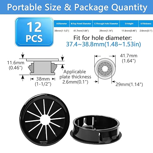 12 Pcs Cable Grommet, Snap Bushing 1-1/2" (38 mm) Mounting Diameter, Flexible Petal-Shaped Buckle Round Nylon Desk Grommet for Wires Through Countertop Cord Organizer and Protection, Black