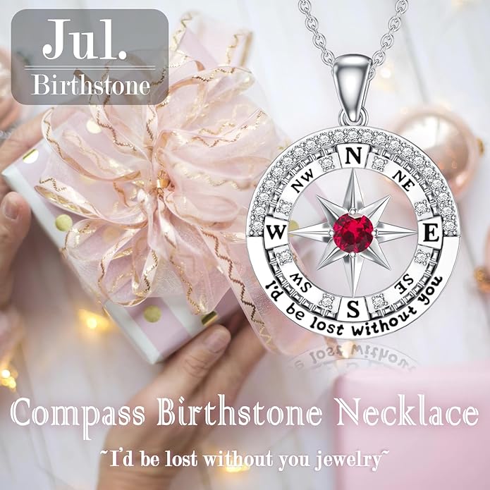 Compass Birthstone Necklace Gift for 2025 Graduation 925 Sterling Silver Compass ‘I'd be Lost Without You’ Pendant Necklaces Jewelry for Women Her Wife Gift for Birthday Anniversary