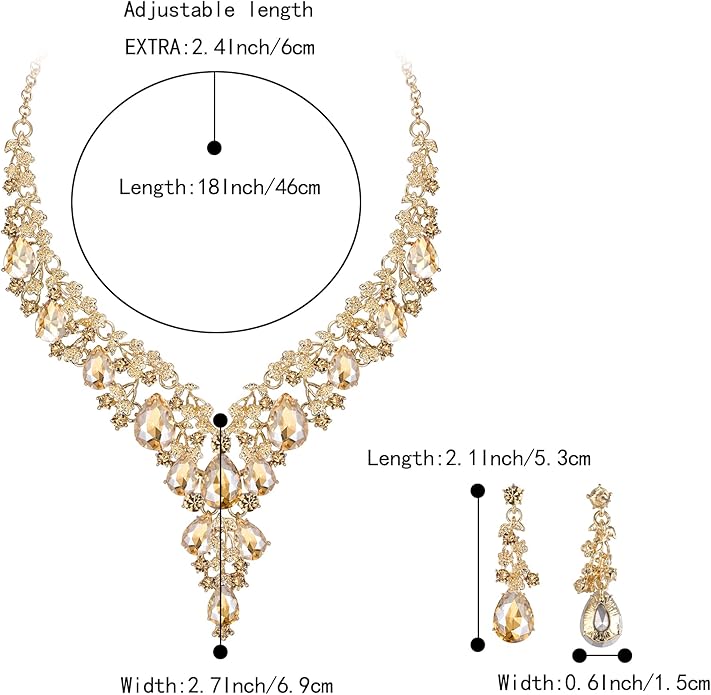 BriLove Women's Wedding Bridal Austrian Crystal Teardrop Flower Cluster Statement Necklace Dangle Earrings Jewelry Set for Party Prom