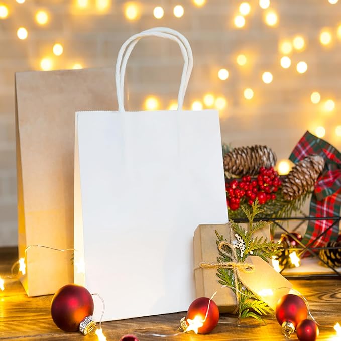 SUNEE Gift Bags with Handles 8x4.3x10.7, 100 Pcs Paper Bags Medium Size Bulk for Gift Wrapping, Retail, Party Favors and Small Business - White