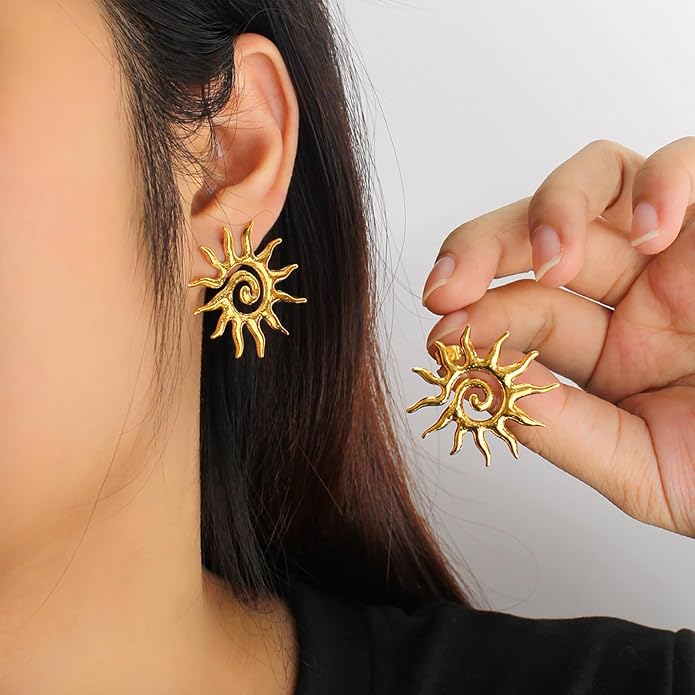 Vintage Gold Statement Stud Earrings, Stainless Steel Chunky Drop Dangle Thick Earrings, Geometric Design with Pearl Accents, Textured Sun Round Heart Pattern for Women