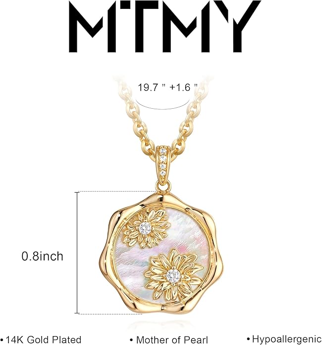 MTMY Birth Flower Necklace 14K Gold Plated Mother of Pearl Disc Birth Month Flower Pendant Necklaces for Women Personalized Custom Floral Jewelry Birthday Gift