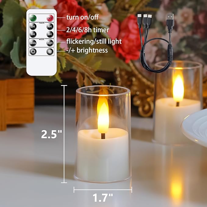 Rechargeable Acrylic Flameless Votive Candles with Timer & Remote Control, 1.7" x2.5" Flickering LED Warm Glow Tealight for Home, Wedding, Holiday Decor (Set of 9, White)