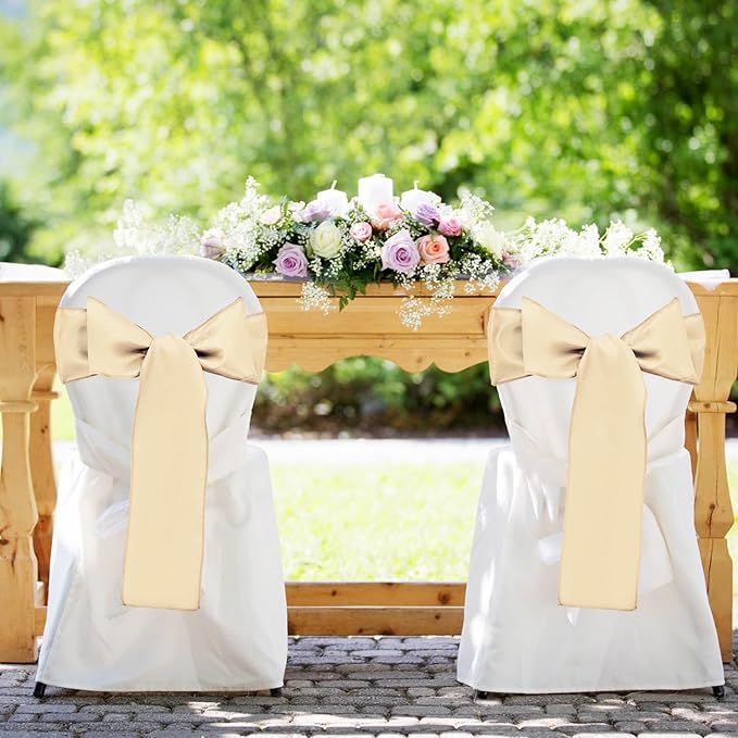 5-Pack Satin Table Runner Champagne 12 x 108 Inch Long Silk Satin Table Runners for Wedding,Graduations,Engagements,Birthday Party and Banquet Decoration（5 Pack, 12x108 Inch, Champagne）