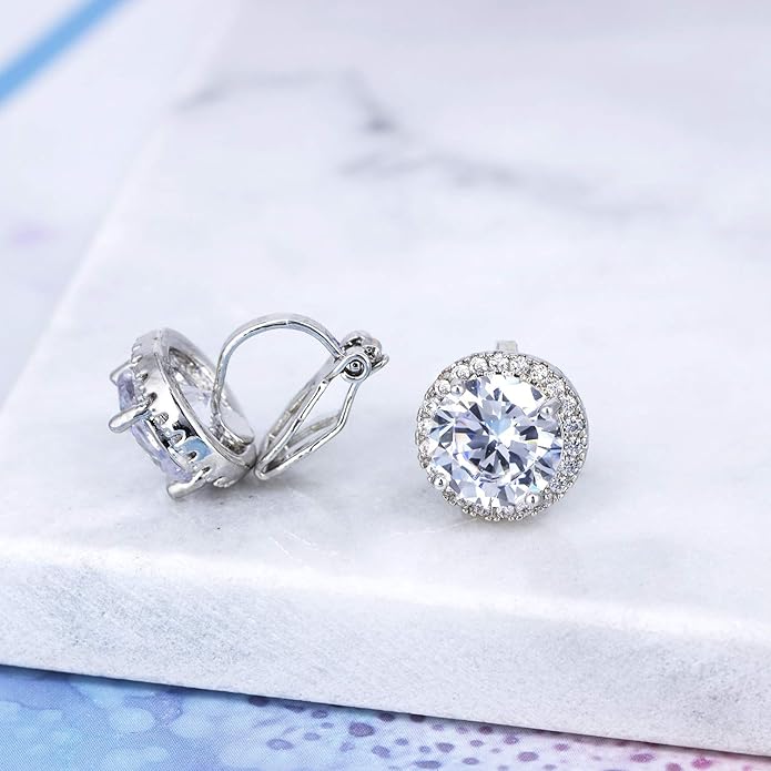 YOQUCOL 10MM Cubic Zirconia Crystal Clip On Stud Earrings Round Non Pierced Earrings for Women
