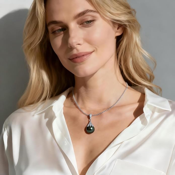 Genuine Tahitian Black Pearl Necklaces for Women, 9-12mm AAAA Seawater Pearl - Sterling Silver Moissanite Pendant, Wedding Anniversary, Birthday, Christmas Gift for Wife, Mom, Girlfriend, Fine Jewelry