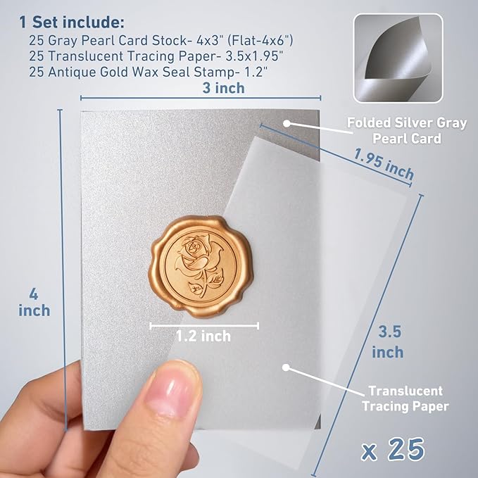 25 Pack Name Cards for Table Setting, Place Cards with Antique Gold Rose Wax Seal Sticker for Wedding, Table Tent Card Stock Handmade Decor for Party, Dinner, Home (Pearlized Silver Gray)