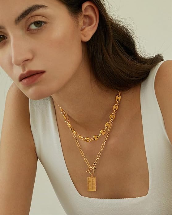 Aobei Pearl 18K Gold Plated Moon Star Lion Evil Eye Love Heart Cross Pendant Necklace Medallion Paperclip Chian Choker Layering Jewery for Women