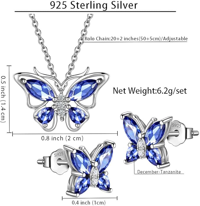 925 Sterling Silver Birthstone Butterfly Jewelry Women Crystal Animal Cute Butterflies Birthday Necklace/Earring/Ring/Bracelet Sets Birth Stone Statement Anniversary Jewellery