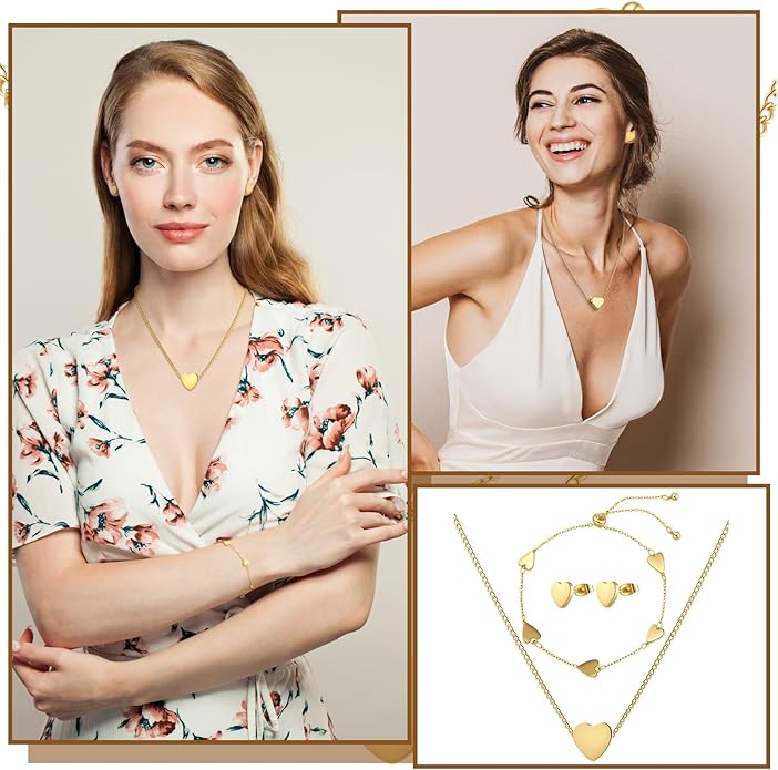 Bucherry 3 Pcs Heart Jewelry Set Bow Snowflake Jewelry Heart Pendant Chain Toggle Necklace with Bracelet Earrings Snowflake Stainless Steel Link Chain for Women Gift