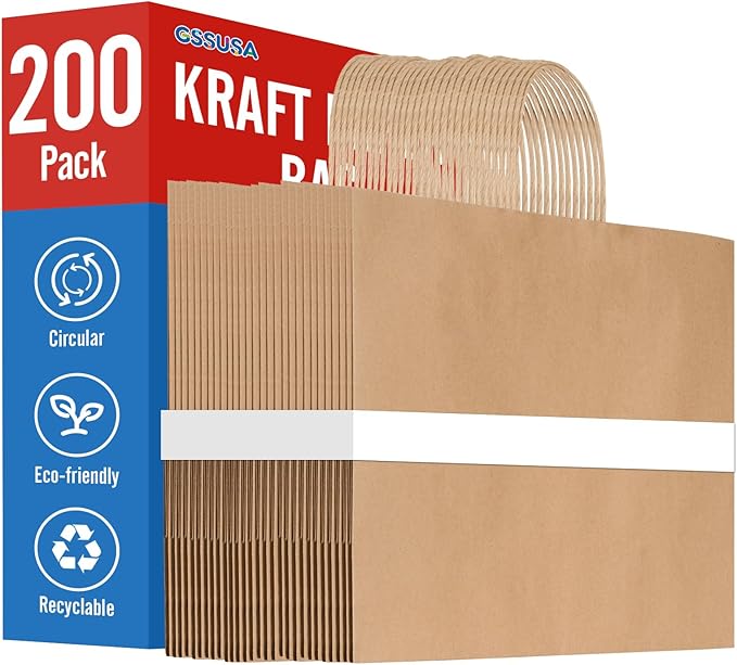 GSSUSA Large Brown Paper Bags with Handles 16x6x12 200 Pcs, Kraft Paper Gift Bag Bulk Bags for Small Business, Grocery & Retail, Boutique Shopping, Merchandise Packaging