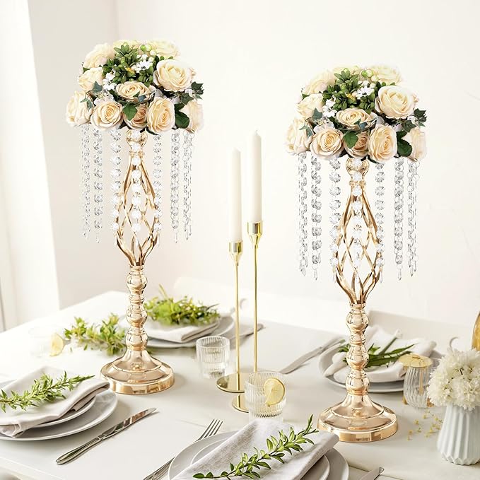 10Pcs 21.5 Inch Gold Wedding Centerpieces Vase Tall Crystal Flowers Stand for Table Elegant Metal Flower Arrangement Vases for Reception Road Lead Birthday Party Anniversary Home Decorations