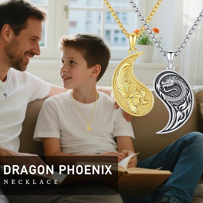 MEDWISE Dragon Phoenix Yin Yang Necklace Double 925 Sterling Silver Dragon Phoenix Pendant Partner Friendship Couples BFF Pendant Necklace Yin Yang Jewelry Matching Set for Her Him Women Men