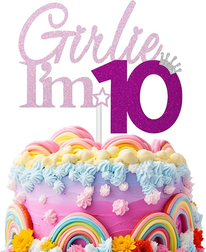 Girlie I'm 10 Cake Topper, 10th Birthday Decorations for Girl, Glitter Funny 10th Birthday Cake Topper, Girlie 10 Year Old Birthday Party Decoration Supplies