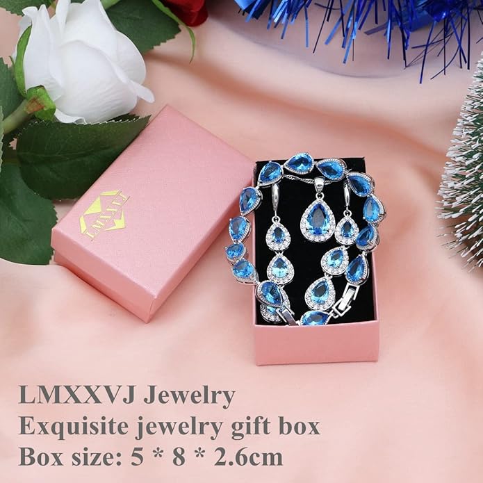 LMXXVJ Necklace Long Earrings Bracelet Set, White Gold Plated Created Blue Sapphire Jewelry Set Wedding Party Gift Jewelry for Women Bridal Bridesmaid