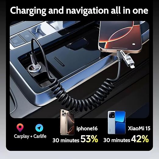 65W 4-in-1 Retractable Fast Charging Cable, 2M/6.5ft Spring Coiled USB-C to L/USB-C/USB-A Multi-Device Cord for iPhone 15/14/13, iPad, Samsung, MacBook, Laptop, Car, Tablet (2)