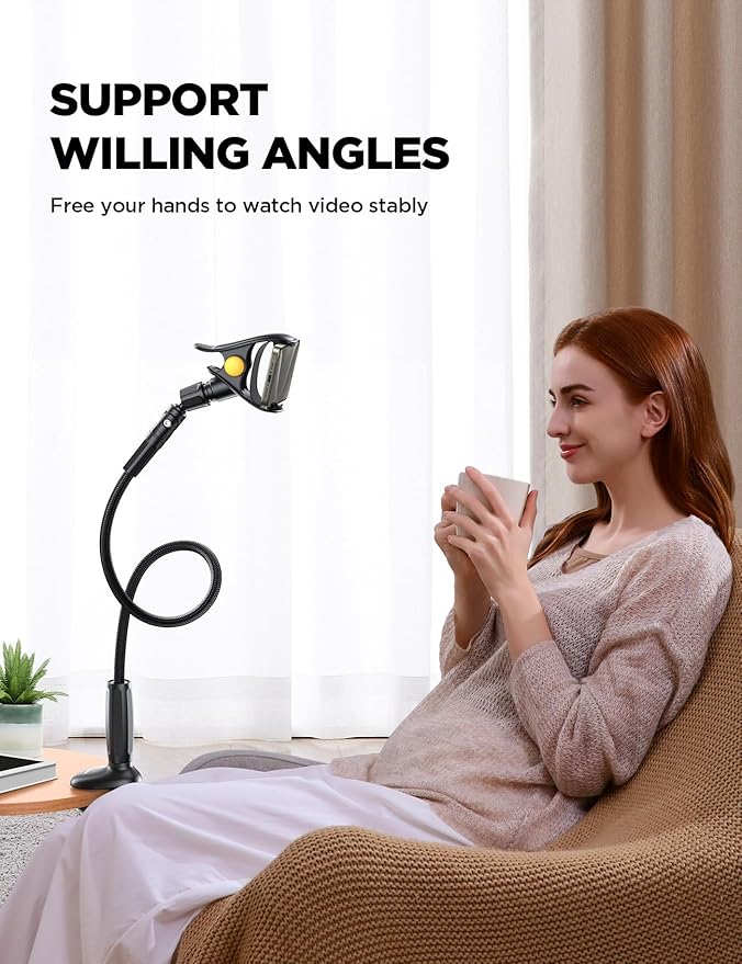 JOYROOM Gooseneck Phone Holder for Bed, [Upgrade Safety Lock] Flexible Long Arm Phone Stand, 720° Adjustable Desk Clamp Clip Phone Mount for iPhone 16 & All 4-7" Devices