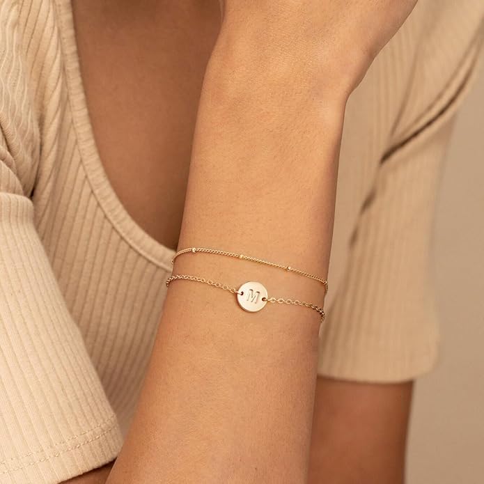 MONOZO Gold Bracelets for Women Girls Valentines Day Gifts, Dainty 18K Gold Plated Disc Monogram Letter A-Z Initial Bracelets for Women Trendy Personalized Letter Bracelet Valentines Day Gifts for Her