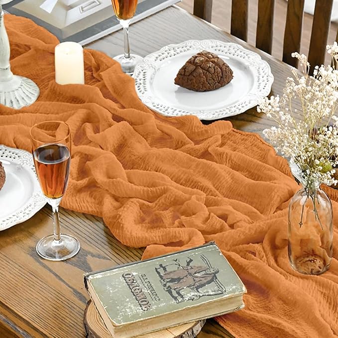 Artoid Mode Boho Cheesecloth Gauze Orange Wedding Table Runner, 120 Inch Seasonal Fall Thanksgiving Fabric Kitchen Dining Holiday Table Decor for Home Party Indoor