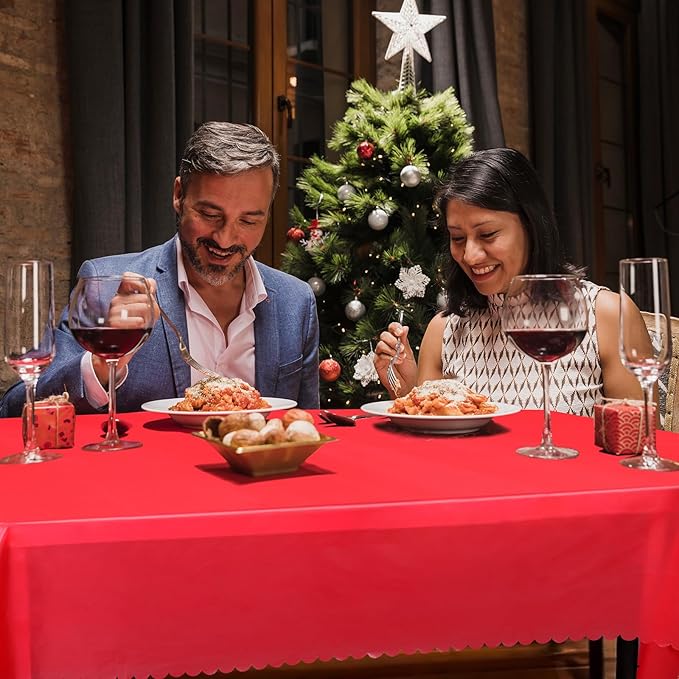 6 Pack Red Plastic Tablecloths, 54 x 108 inch Christmas Scalloped Tablecloths Disposable Red Table Cloths for Rectangle Tables Waterproof Table Covers for Christmas Wedding Anniversary Party