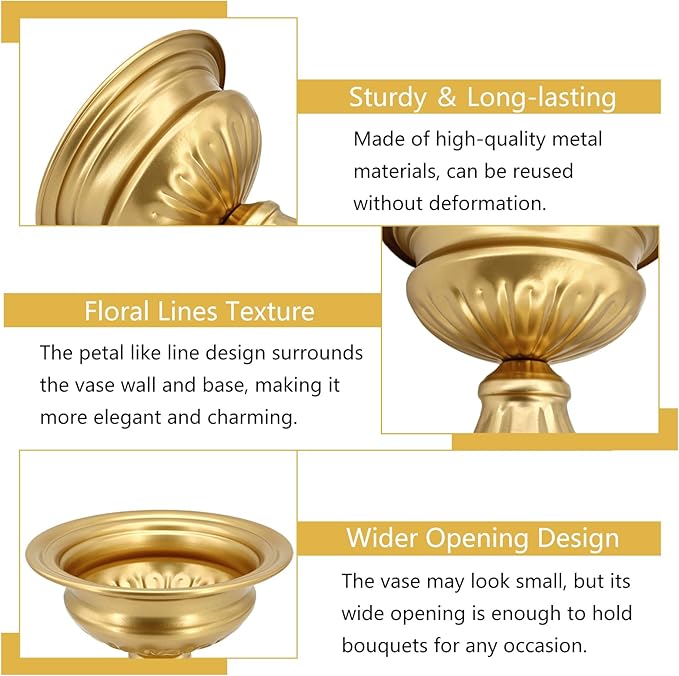 Gold Compote Vases for Centerpieces: Wedding Flower Vase for Tables 6.5 Inch Small Metal Urn Pedestal Bowl for Party Anniversary Event Home Decor Set of 2