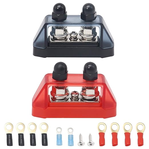 Recoil S2P-516 Busbar Dual 5/16” Studs and #8 Screw Terminal Power Distribution Block with Ring Terminals Pair Red & Black