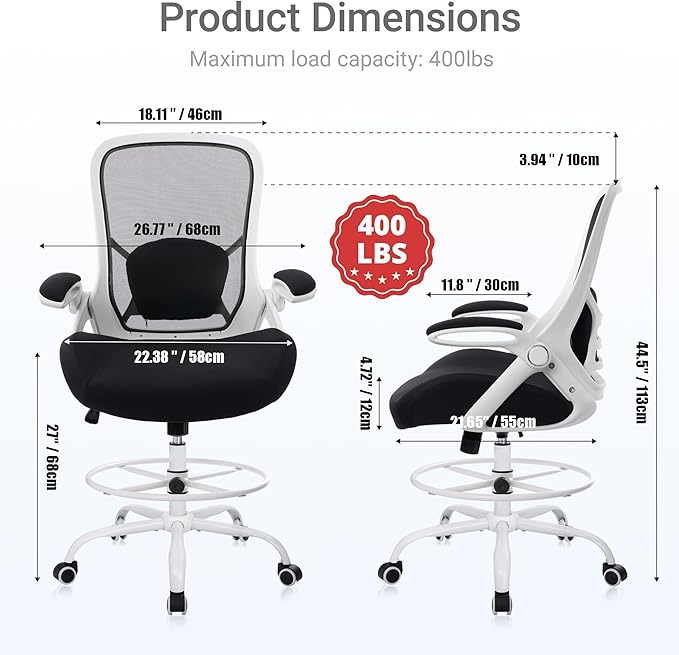HYLONE 400lbs Heavy Duty Drafting Chair 5" Thickened Seat Office Chair with Flip-Up Armrests Tall Ergonomic Computer Chair with Lumbar Support and Adjustable Footrest Ring Standing Desk Chair (Black)