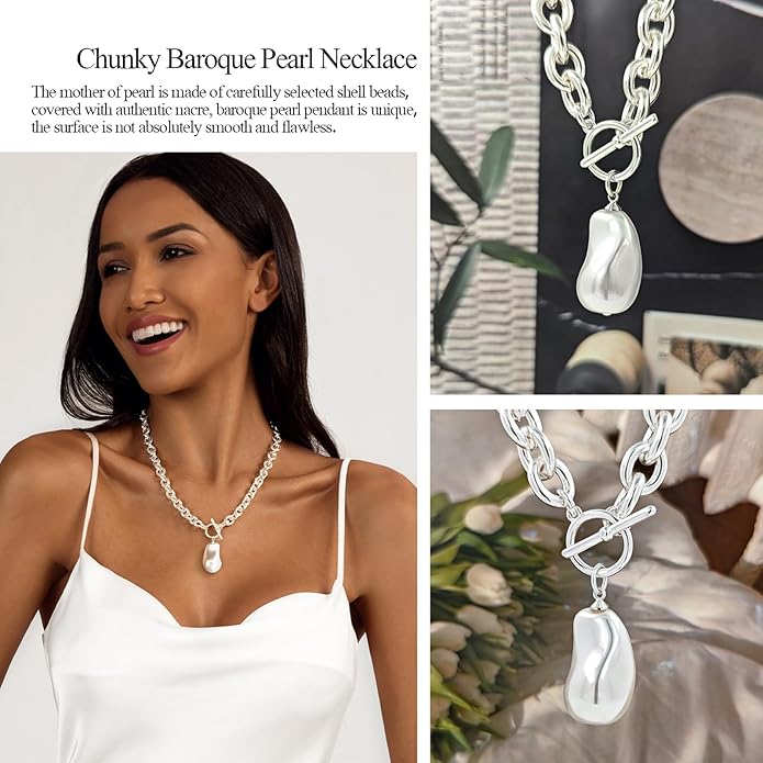 Zeffy 14K Gold/Silver Plated Chunky Thick Chain Toggle Clasp Necklace Dainty Baroque Pearl/Heart/Cross/Turquoise Pendant Necklace
