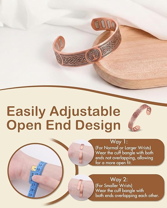 Feraco Copper Bracelet for Men, 5X Ultra Strength Magnetic Cuff Bangle with 5000 Gauss Neodymium Magnets, 99.99% Pure Copper Jewelry Gift, Adjustable