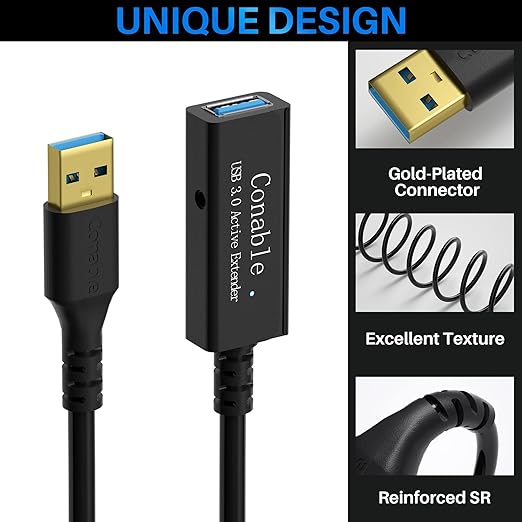 USB 3.0 Active Extension Cable 100 Feet, Long USB Type-A Male to Female Extender Cord, Built-in 3 Signal Booster Smart Chips, 5Gbps Transfer, Black USB Extension Cable with an AC Power Adapter (5V 2A)