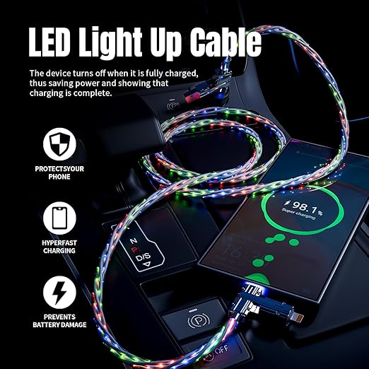 4 in 1 Charging Cable Fast Charging 66W, USB C Cable 3.3 FT Chubby USB A/C to C/L Multi Charging Cable with Light for iPhone 16/15/14/13 Series/MacBook/iPad Pro/Samsung