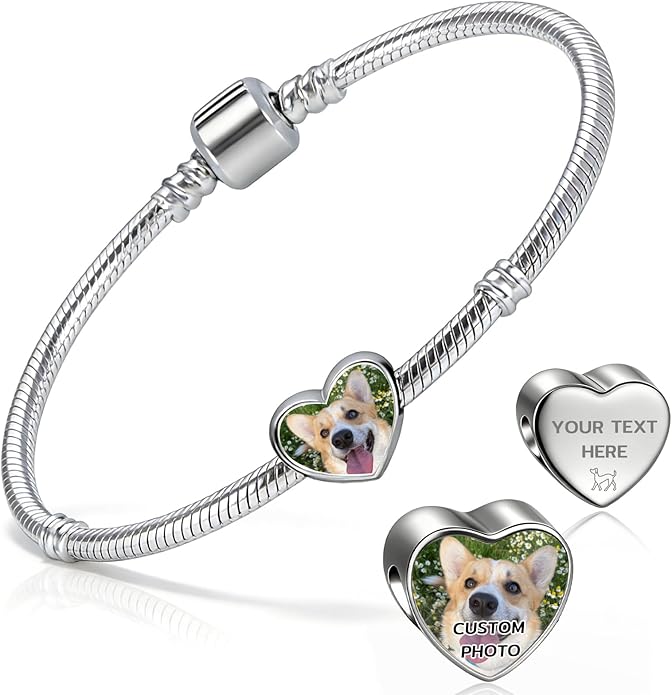 WBW Custom Photo Charm Bracelet for Women Personalized Picture Bracelet with Cute Heart Pendant Customizable Jewelry Chain Name Date Text Valentine‘s Day Gift for Her Girlfriend Wife