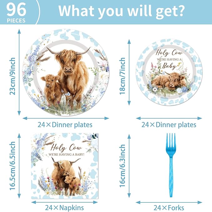 96Pcs Highland Cow Baby Shower Decorations Disposable Tableware Set - Holy Cow Highland Paper Plates Napkins Forks Blue Boho Highland Theme Baby Shower Birthday Party Supplies Serve 24 Guests